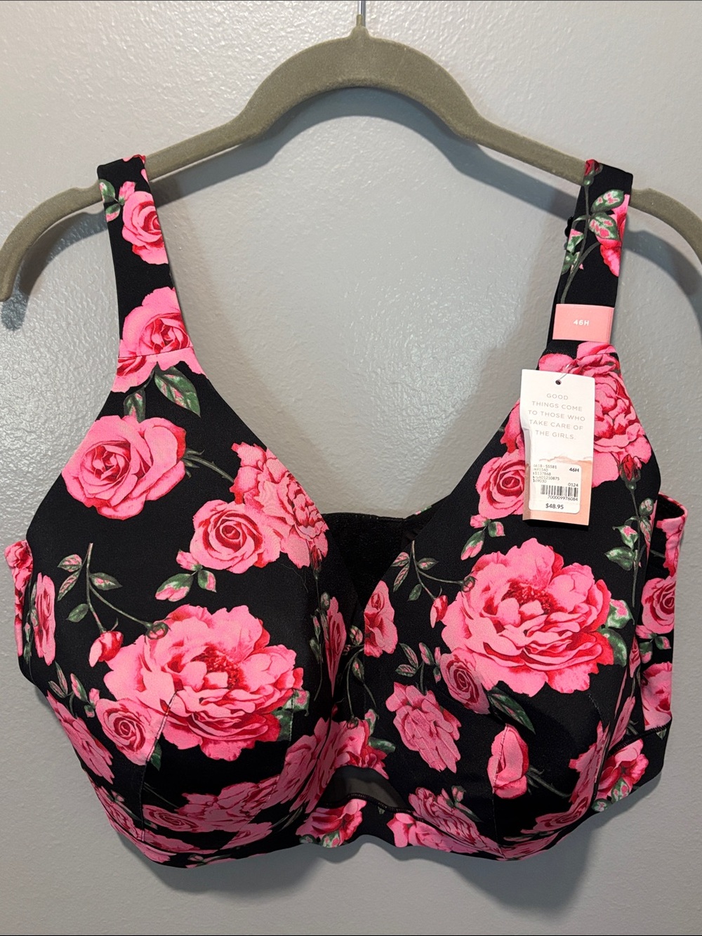 NWT Cacique Lightly Lined No Wire Bright Pink & Black Rose Bra